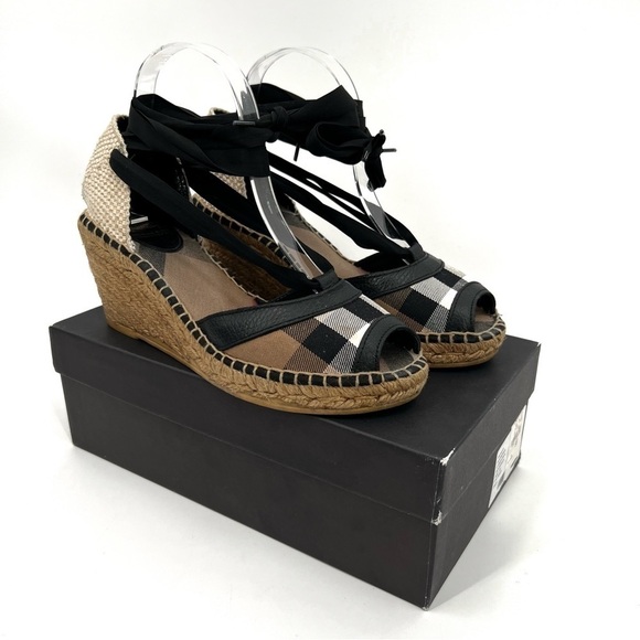Burberry Espadrille Black Tan Brown Check Logo Tartan Plaid Print Wedge size 40 - Picture 6 of 16